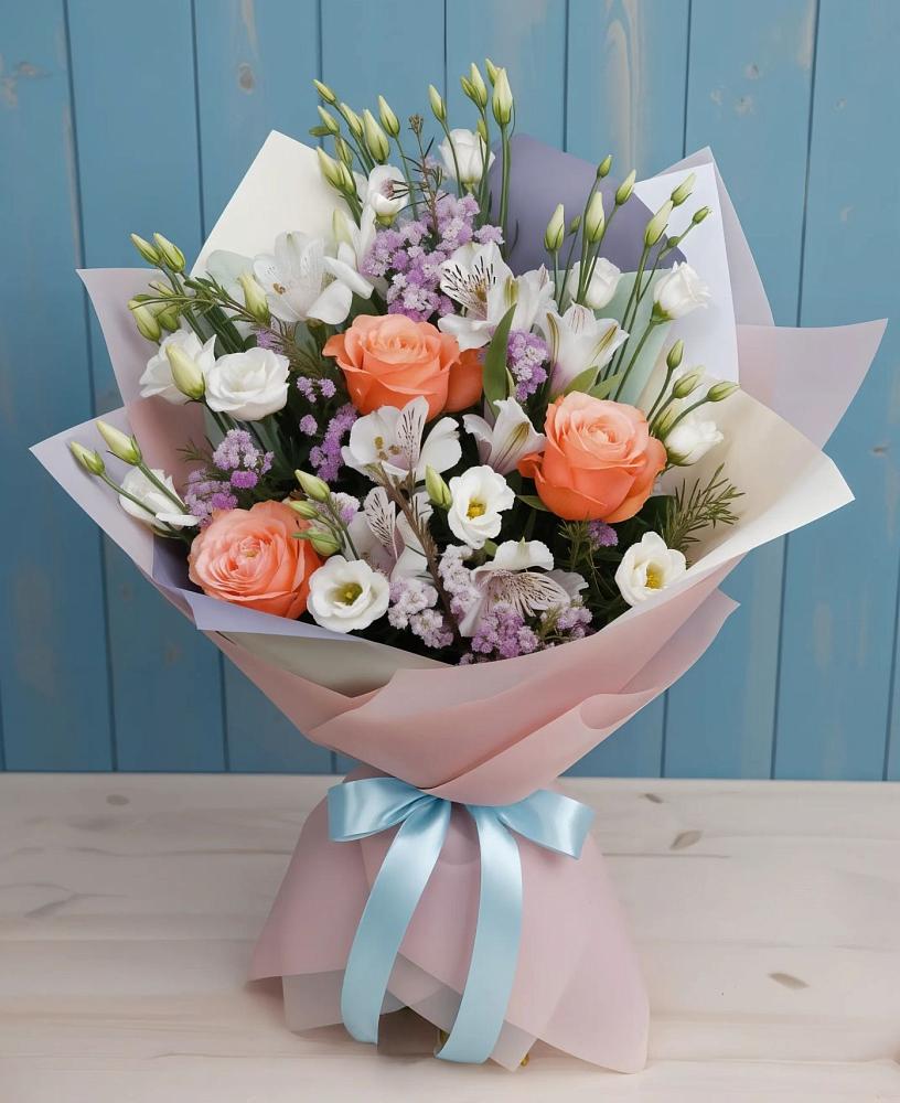 Букет цветов из: Лизиантусы, Розы, Альстромерии и Гипсофила в Золотово