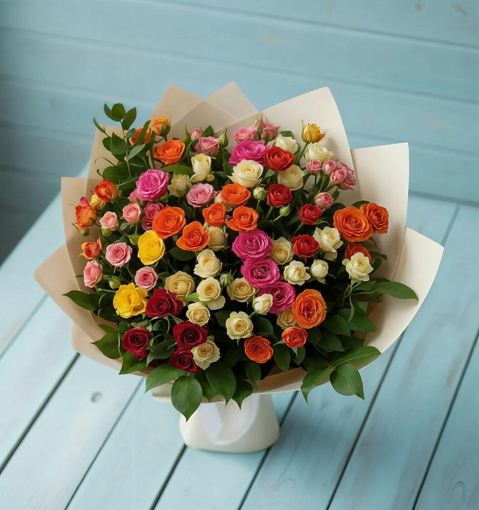 Букет Микс из разноцветных кустовых роз в Золотово