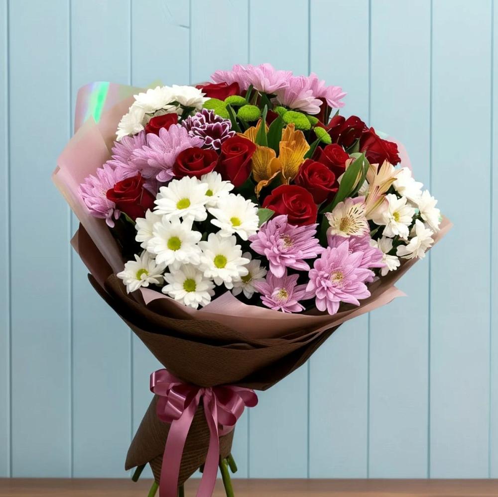 Букет цветов из: Розы, Хризантемы и Альстромерии в Золотово