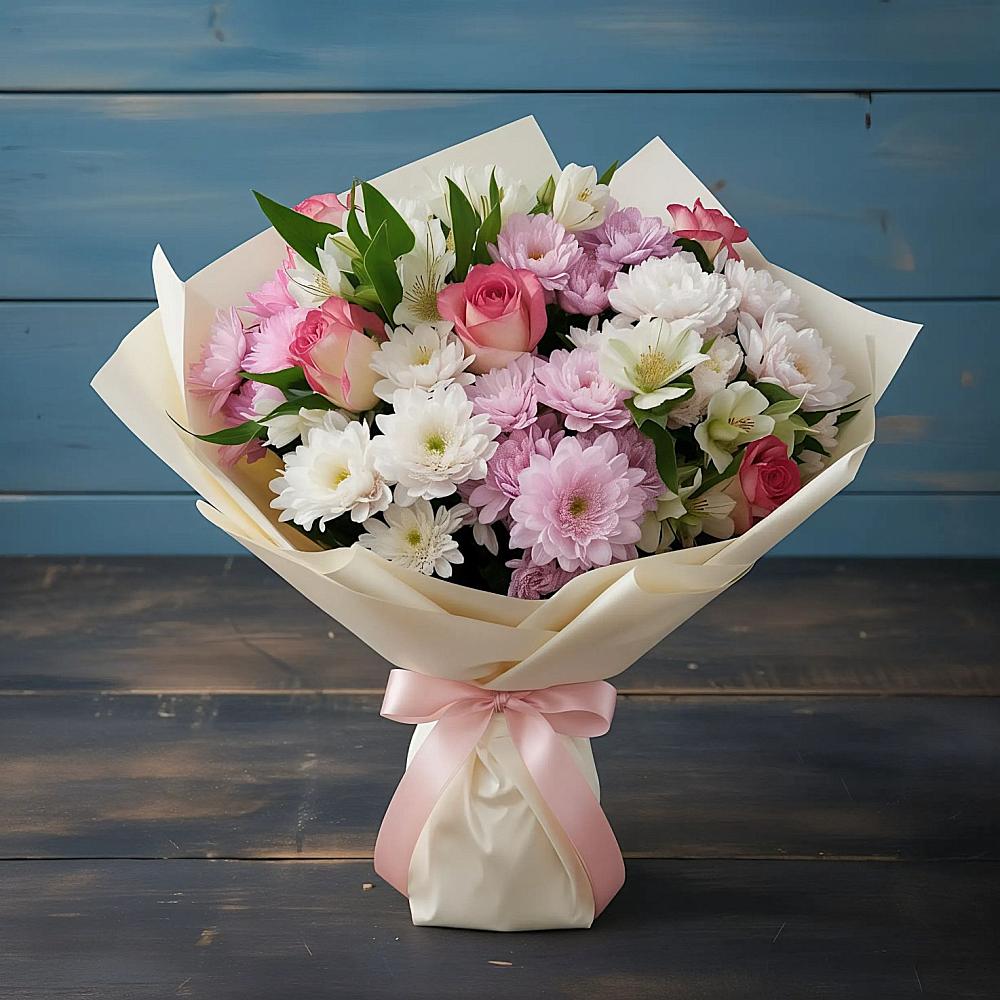 Букет цветов из: Хризантемы, Альстромерии и Розы в Золотово